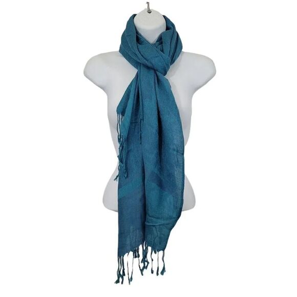 Super Soft Subtle Turquoise and Blue Paisley Fringe Scarf - Picture 5 of 5